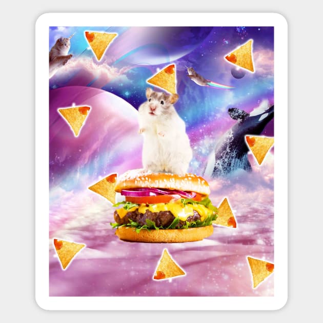 Space Hamster Riding Burger With Nachos Sticker by Random Galaxy